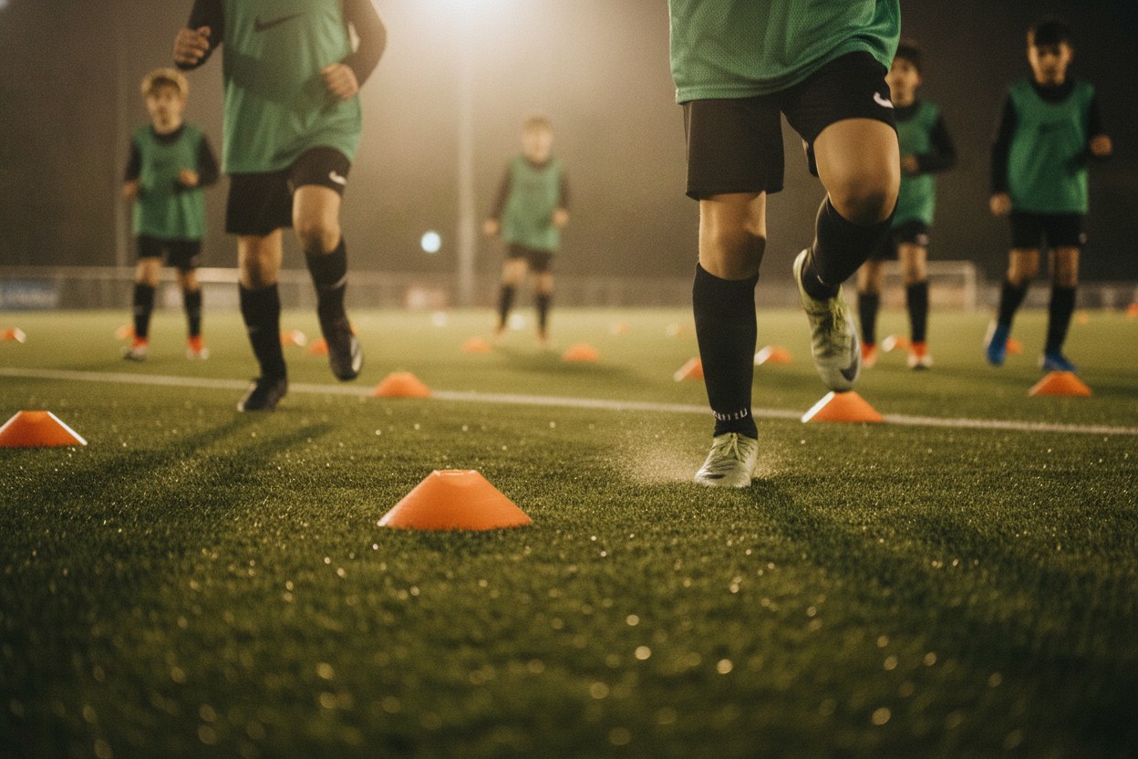 Genç futbolcular çeviklik antrenmanı yapıyor